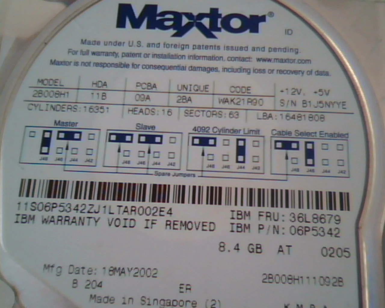 Hard Drive Disk IDE Maxtor 2B008H1 11B 09A 2BA WAK21R90 16481808 36L8679 06P5342 - image 2
