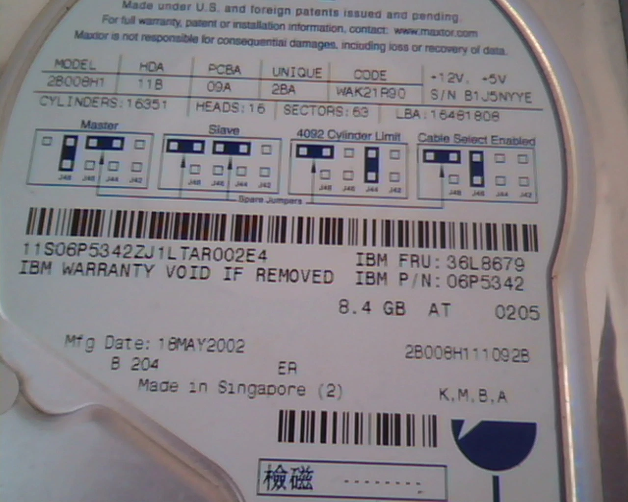 Hard Drive Disk IDE Maxtor 2B008H1 11B 09A 2BA WAK21R90 16481808 36L8679 06P5342 - image 3