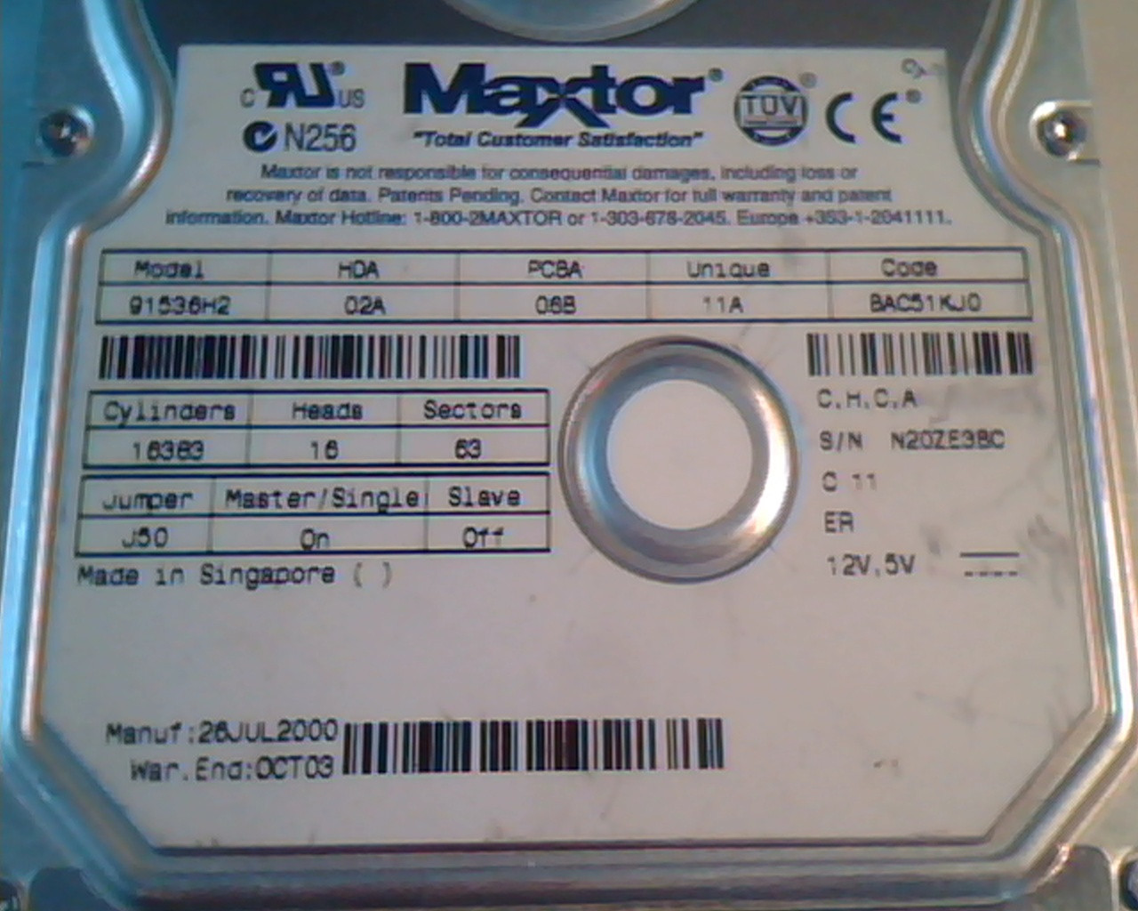 Hard Drive Disk Maxtor 91536H2 02A 06B 11A BAC51KJ0 C,H,C,A 26JUL2000 - image 2