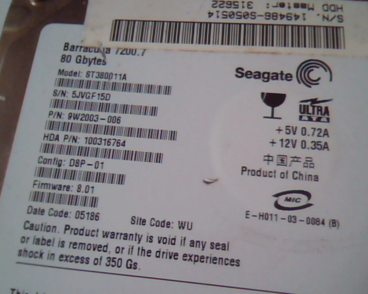 Hard Drive Disk IDE Seagate Barracuda 80GB ST380011A 9W2003-6 100316764 8.01 - image 2
