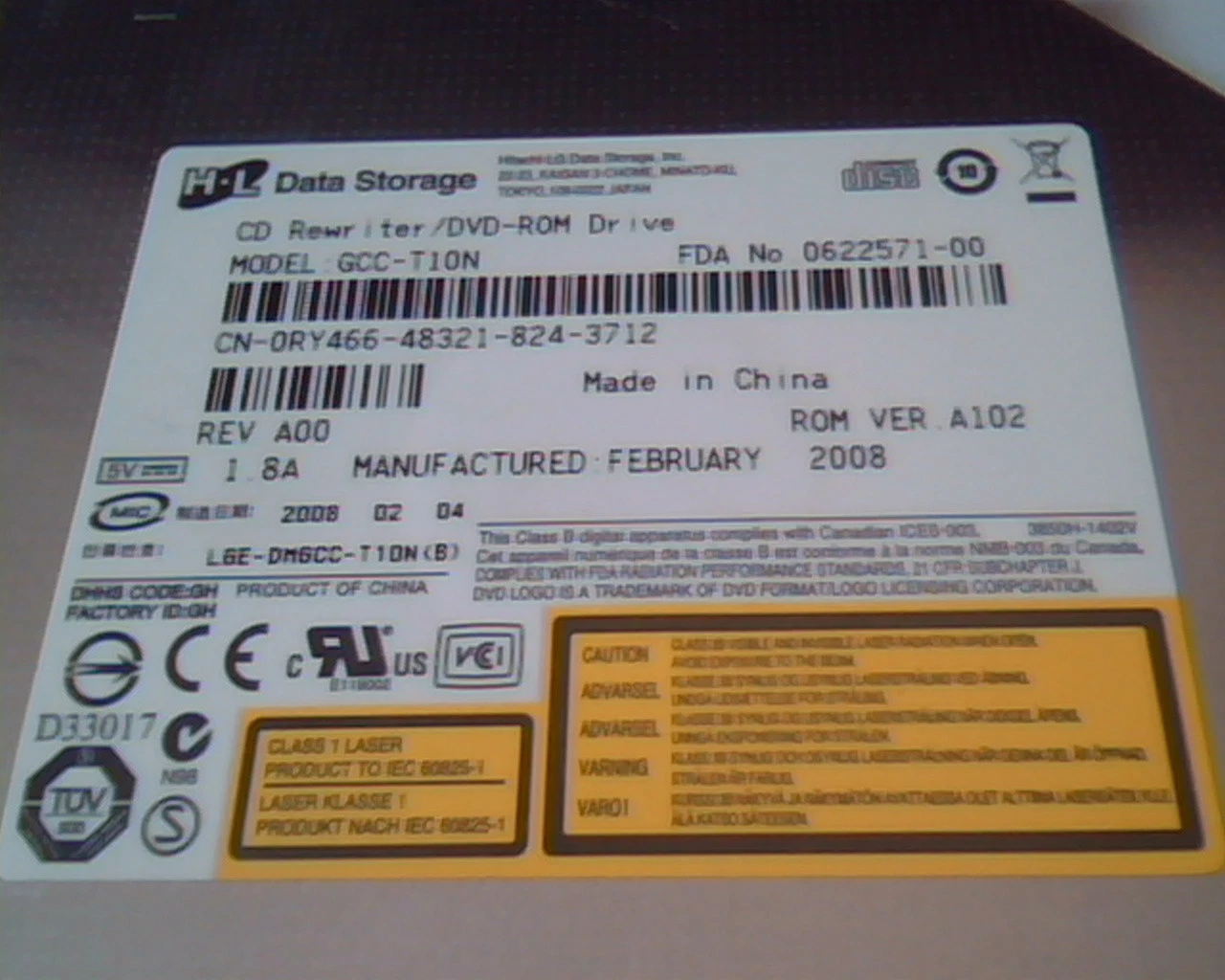 HP Data Storage CD Rewriter DVD-ROM Drive GCC-T10N Feb2008 0622571-00 A102 A00 - image 3