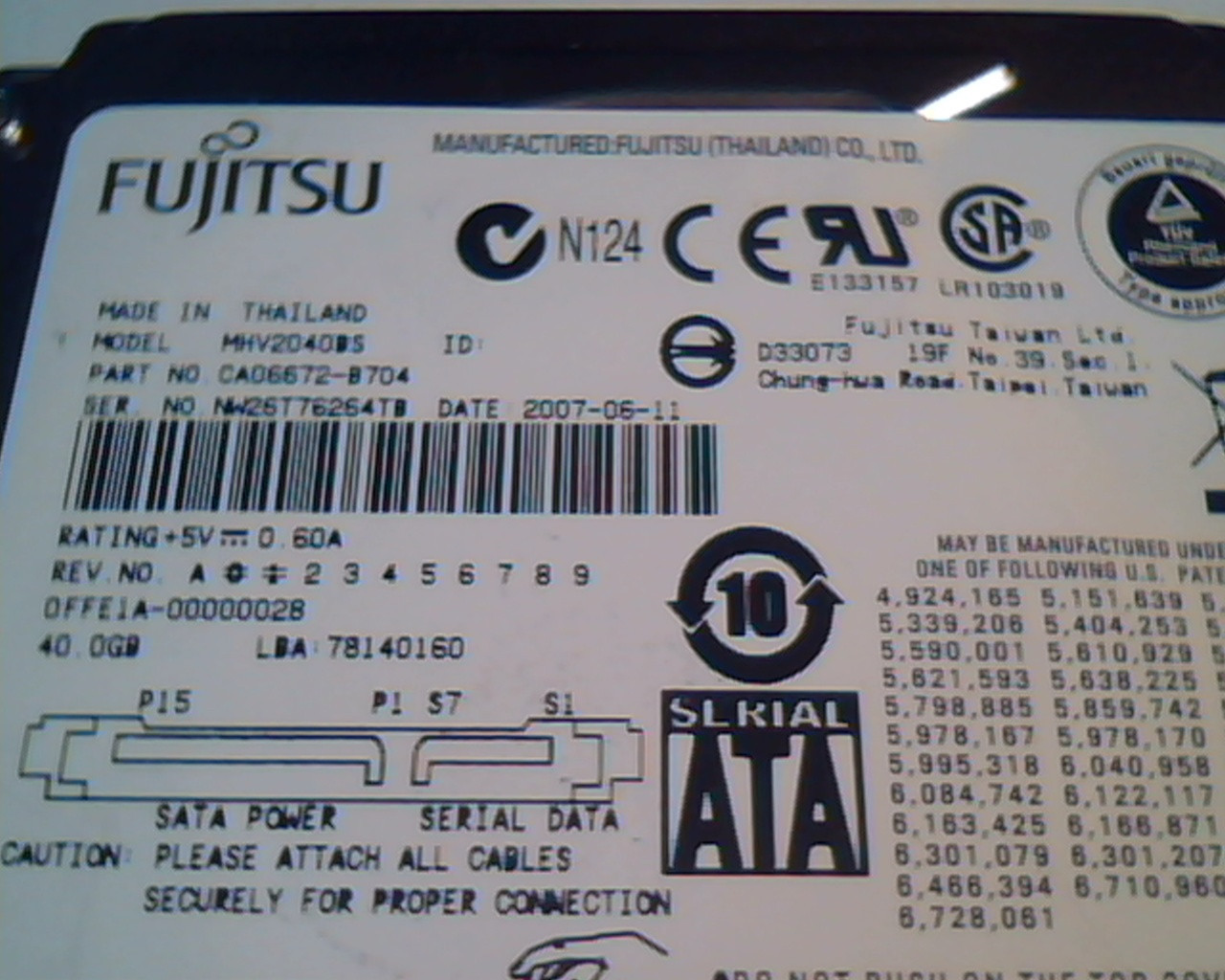 2.5 Hard Disk Drive Fujitsu MHV2040BS CA06672-B704 2007-06-11 40GB 78140160 - image 2