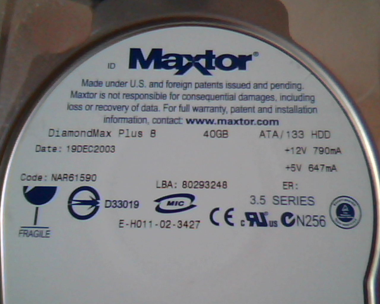 Hard Drive Disk IDE DiamondMax Plus 8 40GB 80293248 NAR61590 19DEC2003 K,M,C,A - image 2