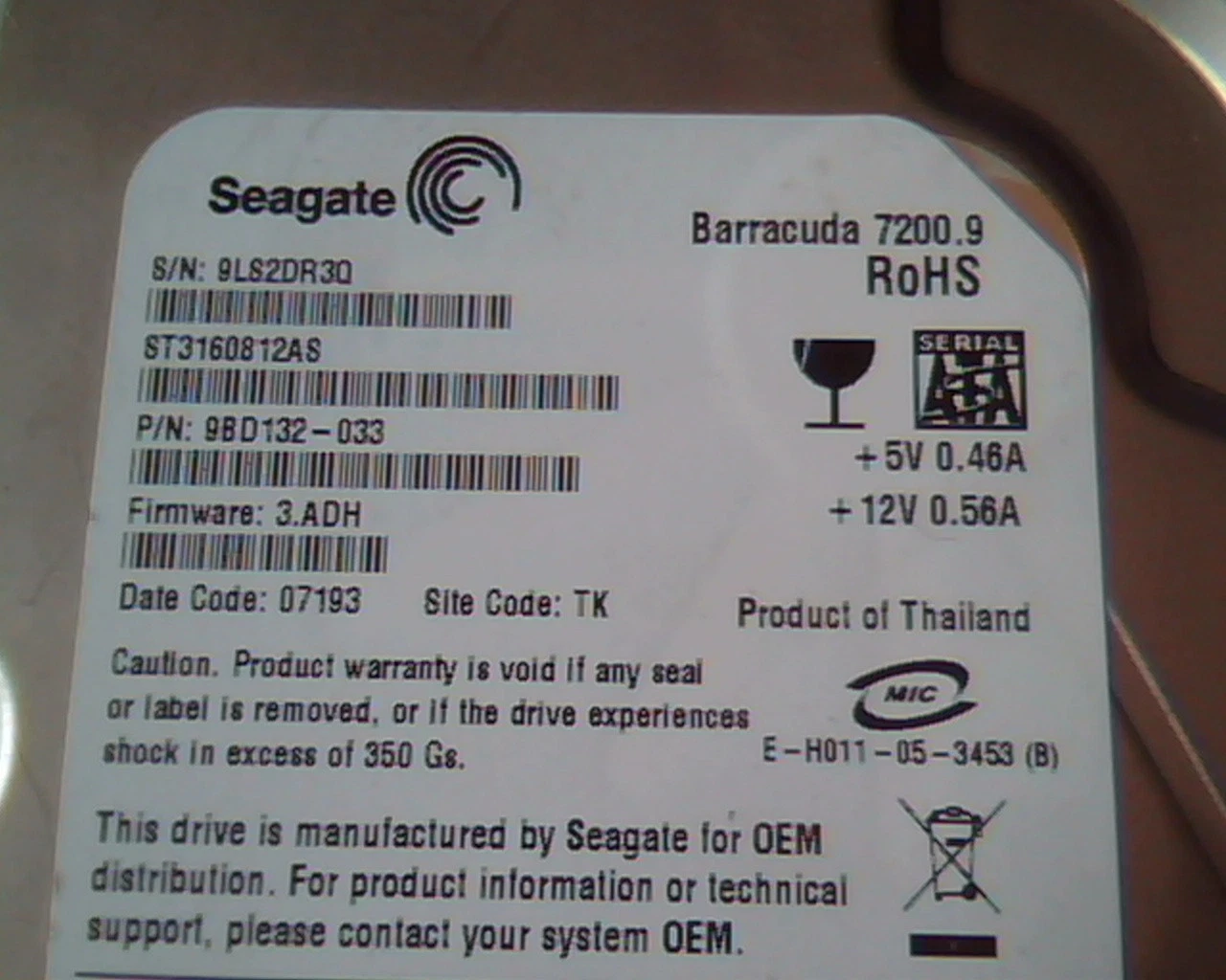 Hard Drive Disk SATA Seagate Barracuda 7200.9 ST3160812AS 9BD132-033 3.ADH TK - image 2