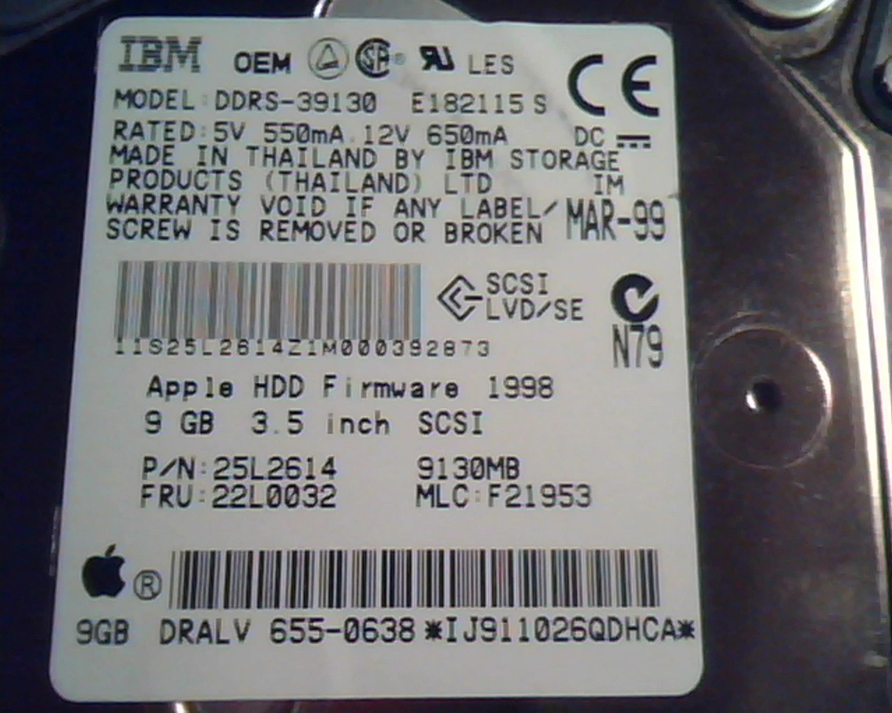 Hard Drive SCSI IBM DDRS-39130 E182115 S MAR-99 Apple 9GB 25L2514 655-0638 - image 2