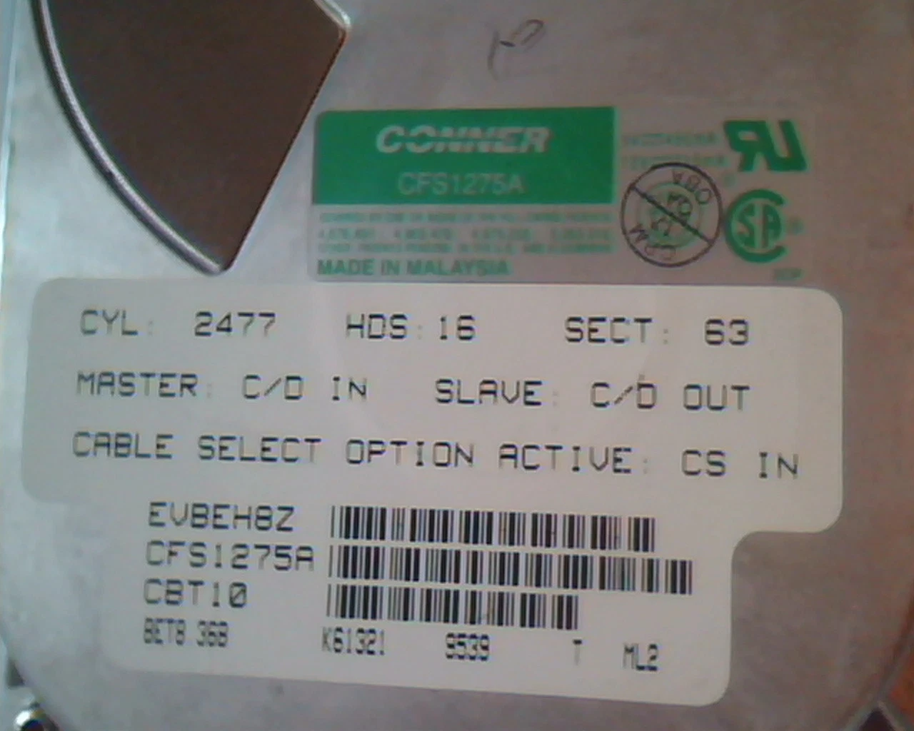 Hard Drive Disk IDE Conner CFS1275A CBT10 BET8.36B - image 2