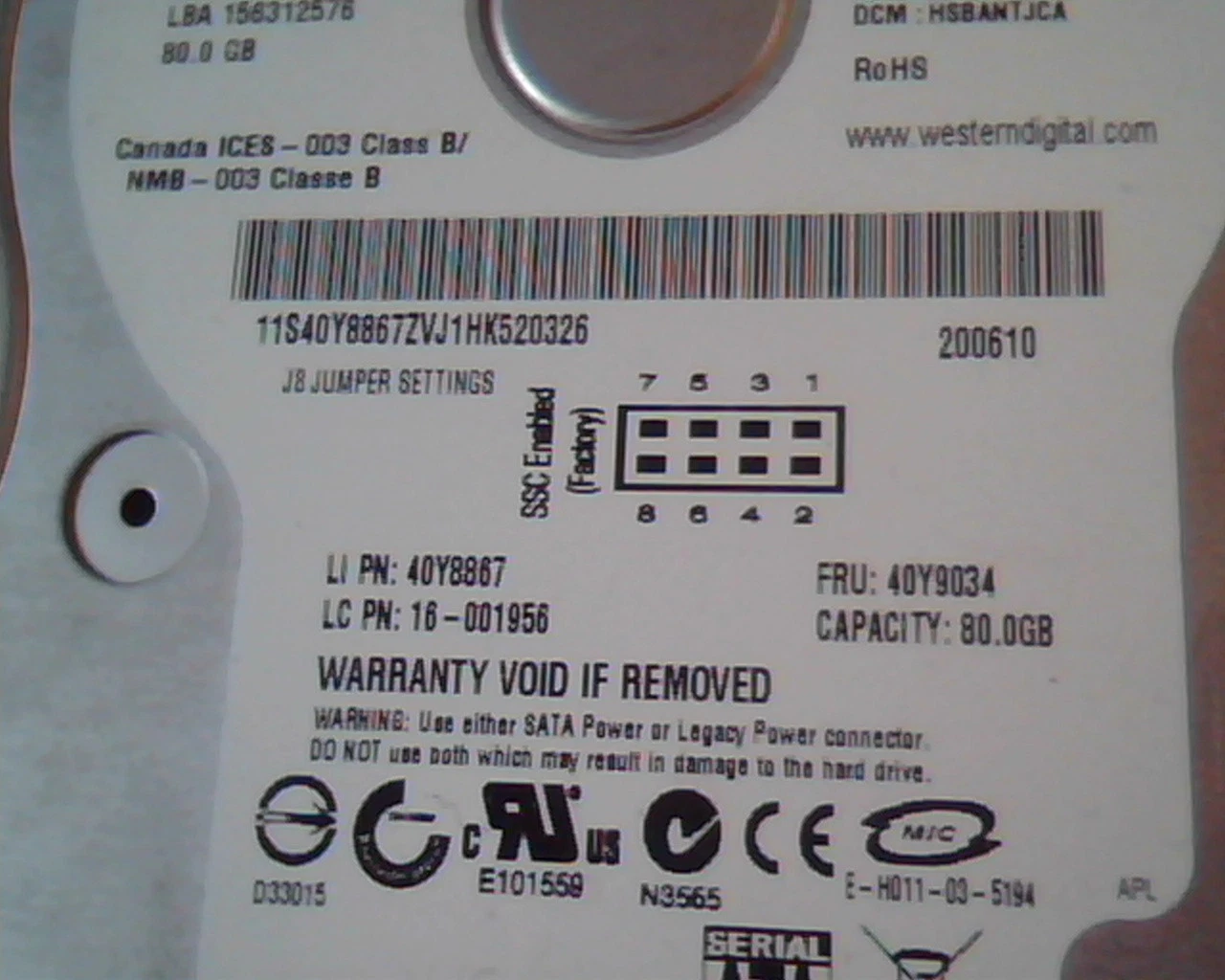 Hard Drive Disk SATA Western Digital WD800JD Caviar SE WD800JD-08MSA1 HSBANTJCA - image 3