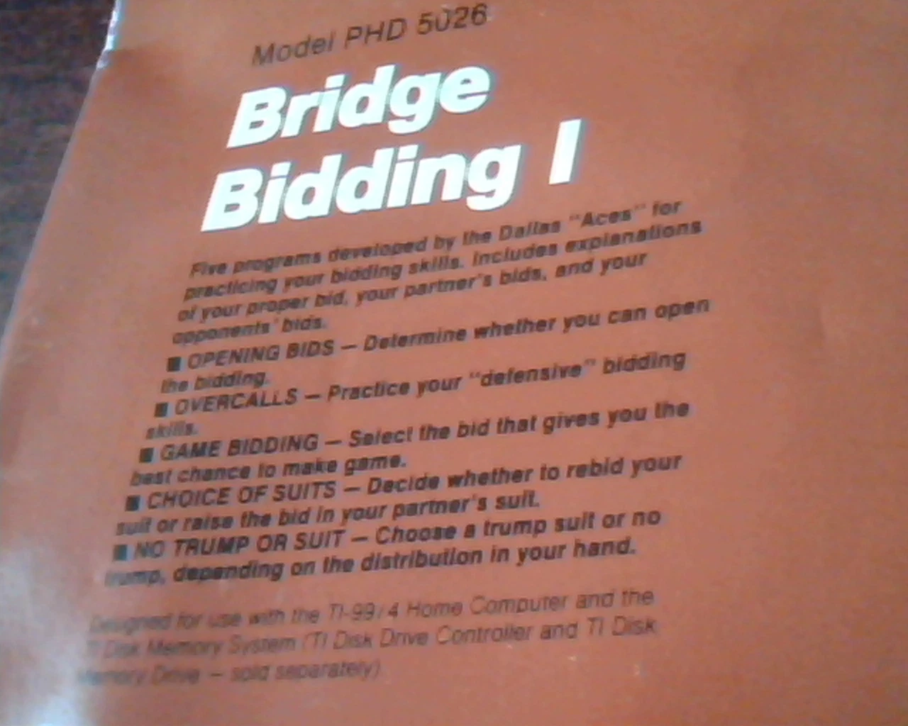 Texas Instruments Home Computer MANUAL Model PHD 5026 Bridge Bidding I TI-99/4 - image 3