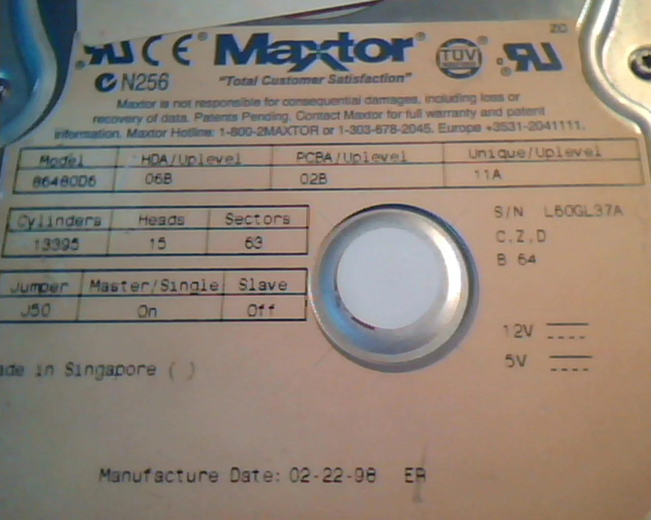 Hard Drive Disk IDE Maxtor 86480D6 06B 02B 11A 02-22-98 ER - image 2