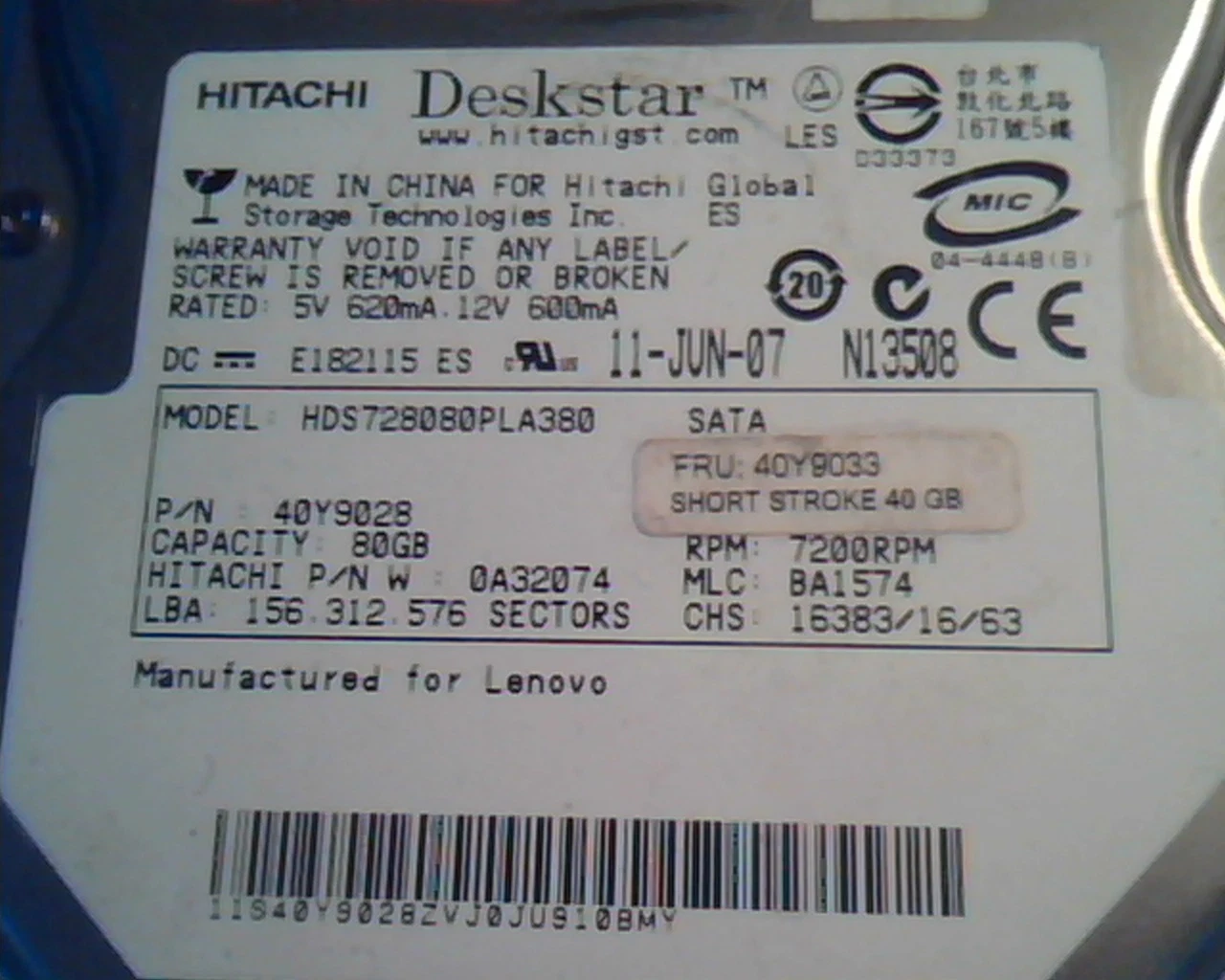 Hard Drive Disk SATA Hitachi Deskstar HDS728080PLA380 40Y9028 80GB 40Y9033 - image 2
