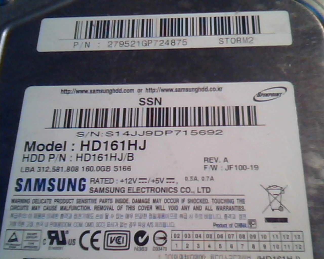 Hard Drive Disk SATA Samsung HD161HJ JF100-19 438766-001 279521GP724875 - image 2