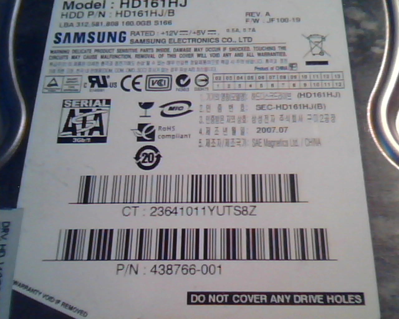 Hard Drive Disk SATA Samsung HD161HJ JF100-19 438766-001 279521GP724875 - image 3