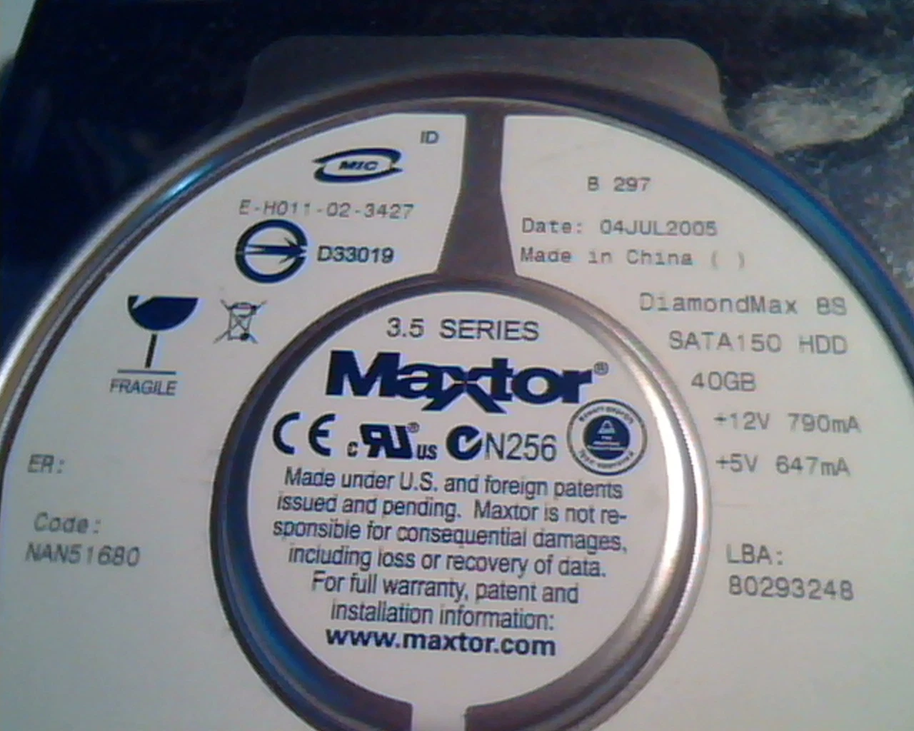 Hard Drive Disk SATA Maxtor 3.5 DiamondMax 8S SATA150 40GB 80293248 NAN51680 - image 2