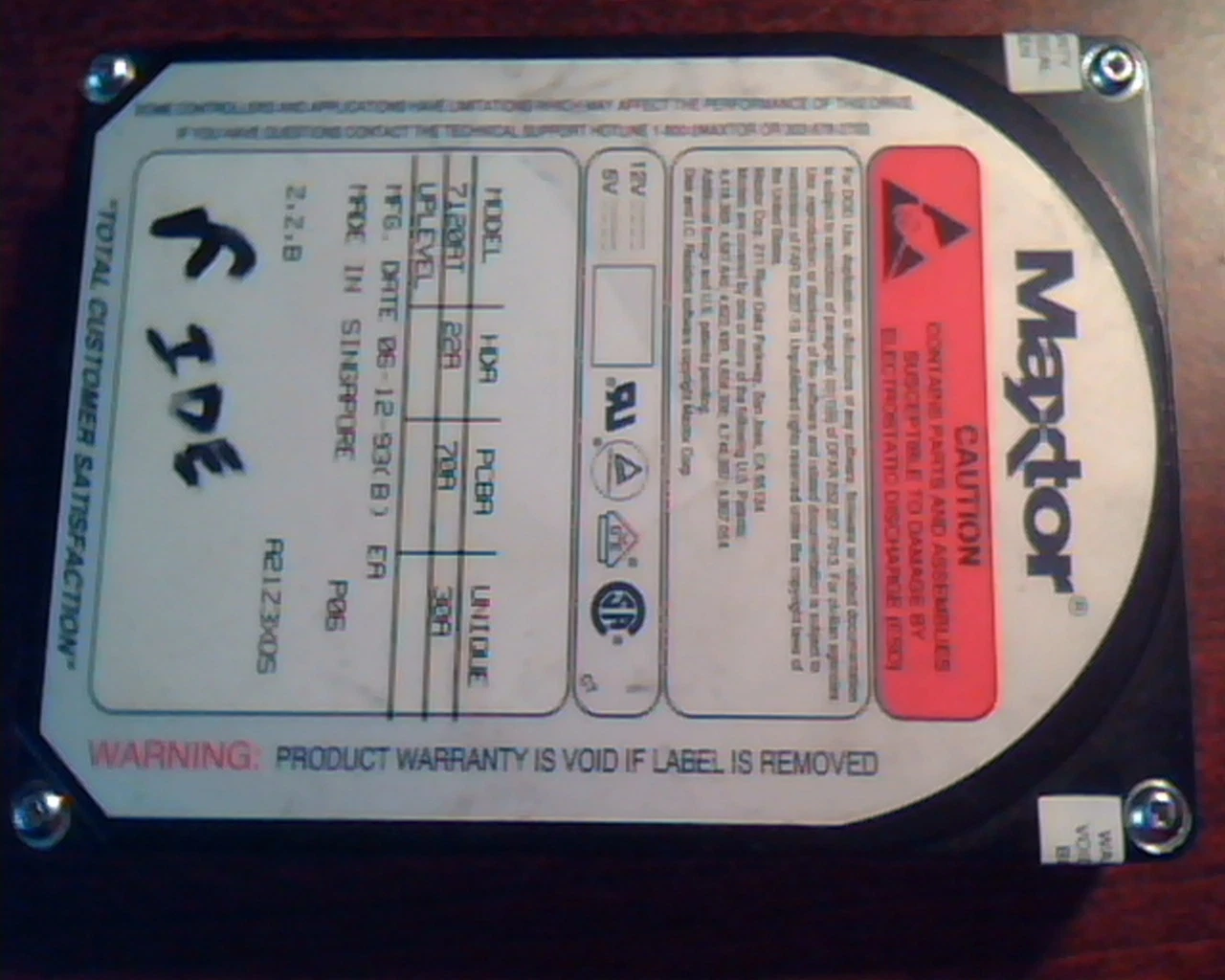 Hard Disk Drive IDE Maxtor 7120AT 22A 70A 30A 06-12-93 02-26-93