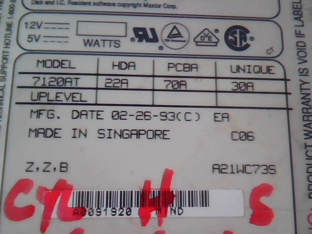 Hard Disk Drive IDE Maxtor 7120AT 22A 70A 30A 06-12-93 02-26-93 - image 5