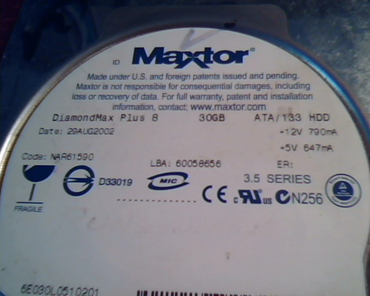 Hard Disk Drive IDE Maxtor DiamondMax Plus 8 30GB NAR61590 60058656 ATA - image 2