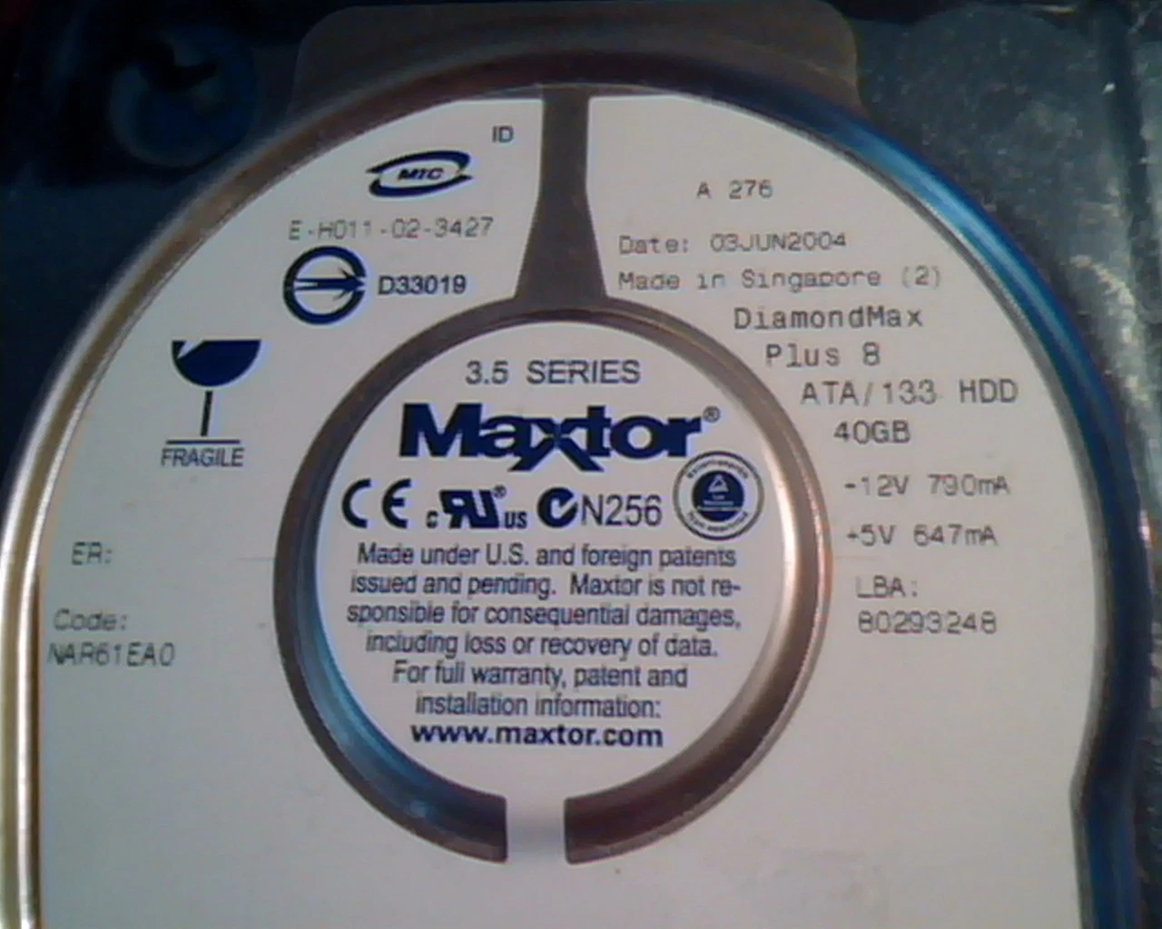 Hard Disk Drive IDE Maxtor DiamondMax Plus 8 40GB NAR61EAO E-H011-02-3427 ATA - image 2