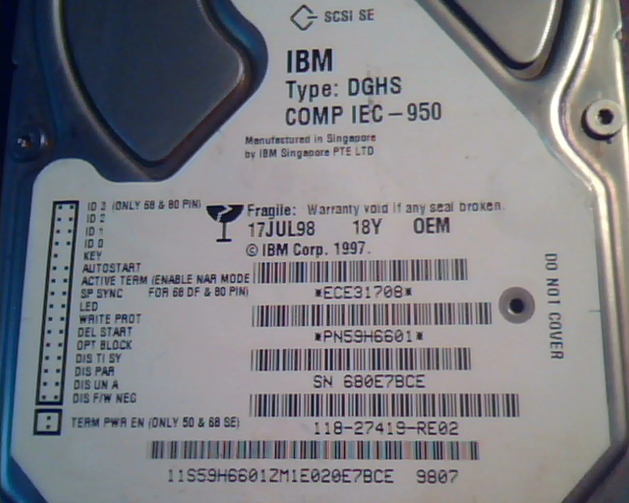 Hard Disk Drive SCSI IBM DGHS IEC-950 118-27419-RE02 ECE31708 PN59H6601 SE - image 2