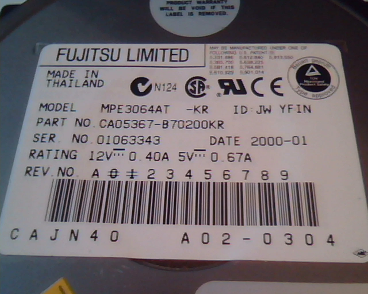Hard Disk Drive IDE Fujitsu Limited MPE3064AT CA05367-B70200KR A02-0304 2000-01 - image 2