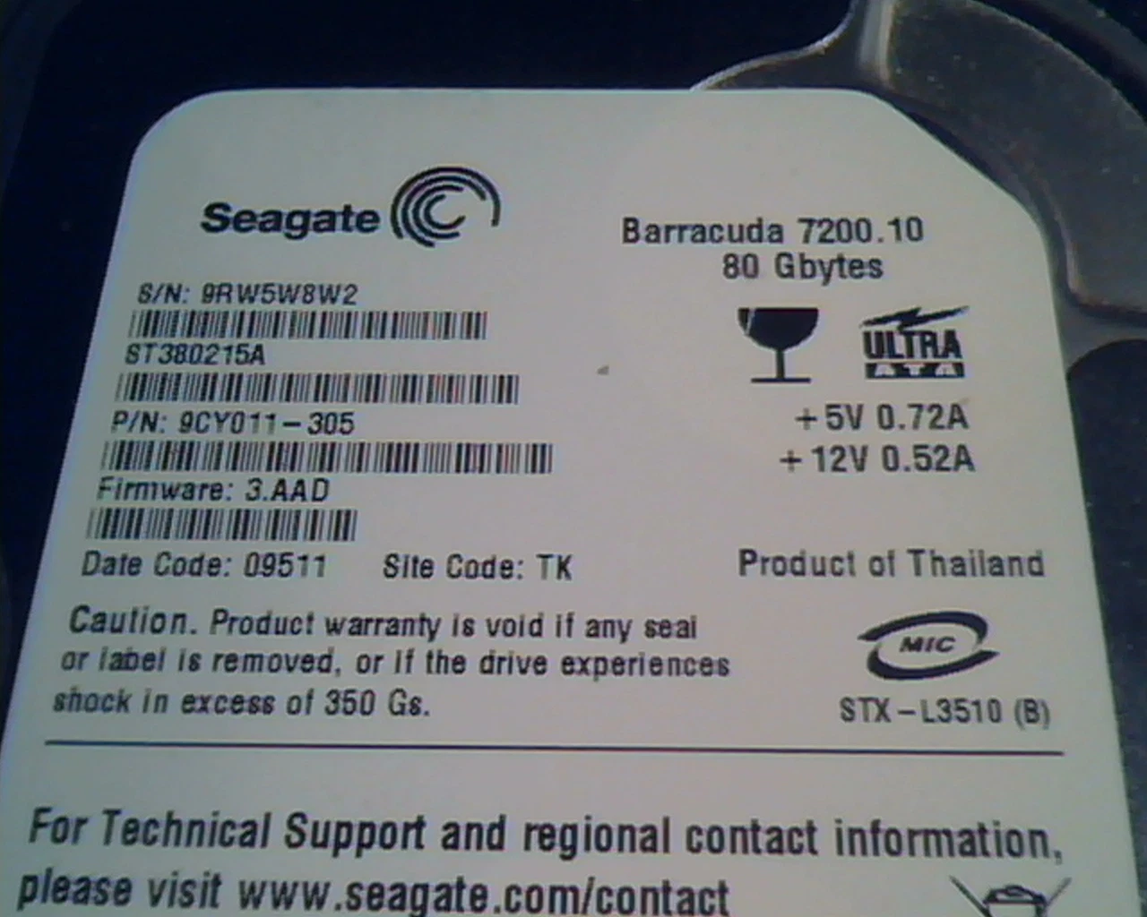 Hard Disk Drive IDE Seagate Barracuda 7200.10 80GB ST380215A 9CY011-305 TK 09511 - image 2
