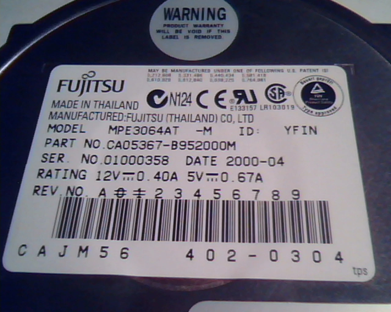 Hard Disk Drive IDE Fujitsu MPE3064AT YFIN CA05367-B952000M 2000-04 402-0304 - image 2