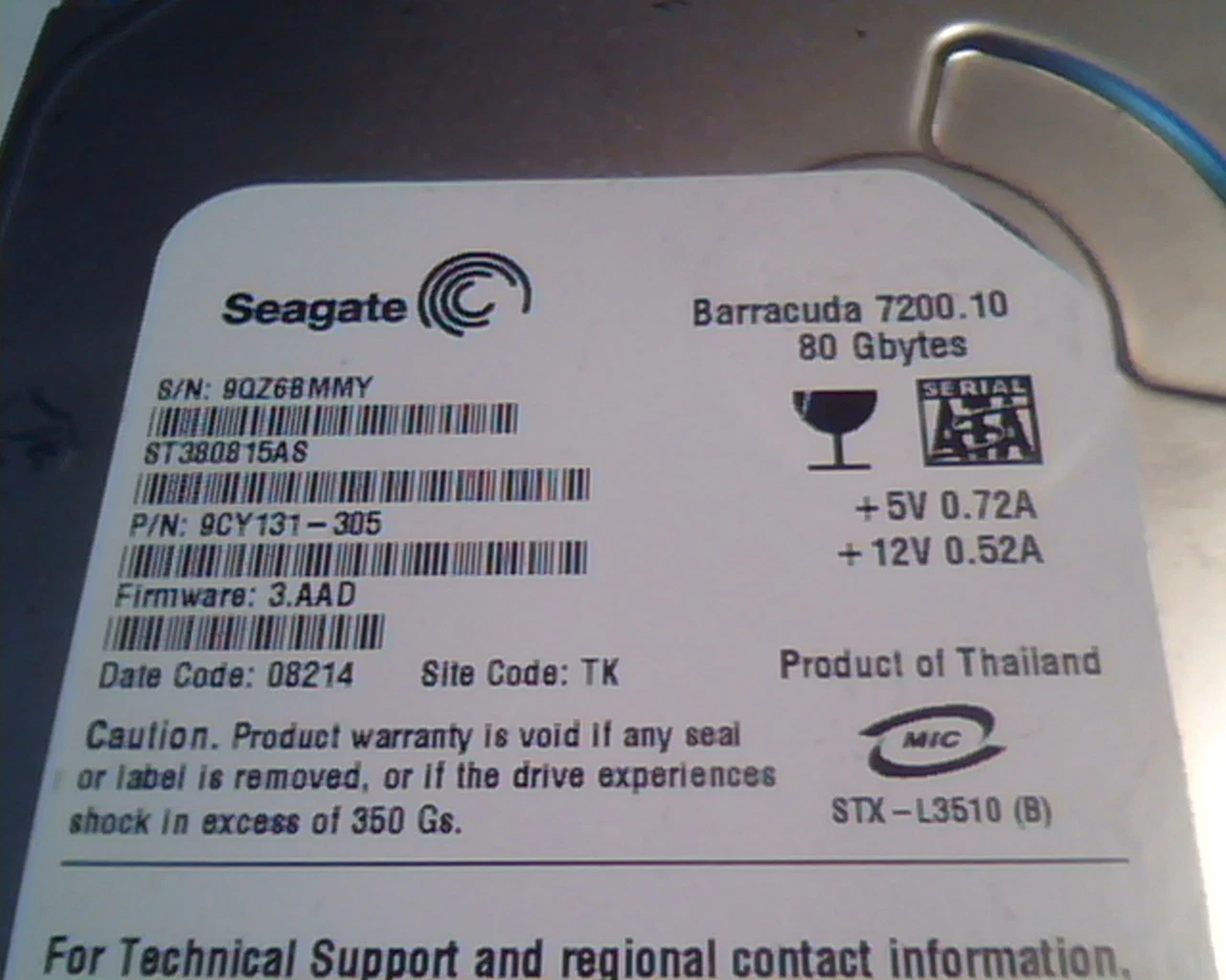 Hard Drive Disk SATA Seagate Barracuda 7200.10 80GB ST380815AS 9CY131-305 TK - image 2