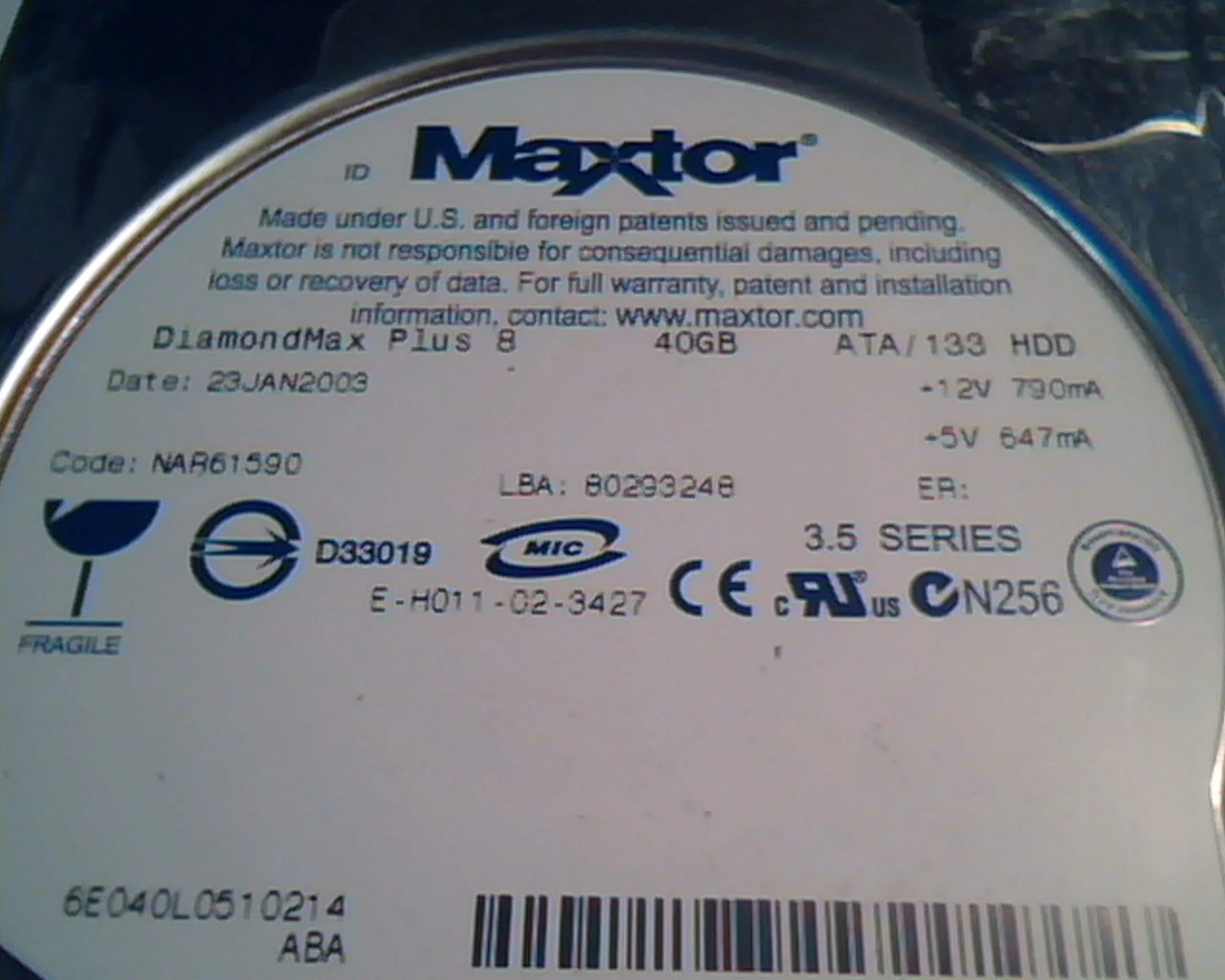 Hard Disk Drive IDE Maxtor DiamondMax Plus 8 40GB NAR61590 80293248 23JAN2003 - image 2