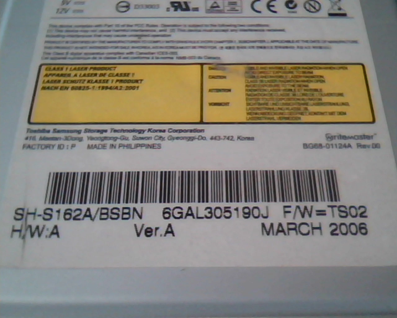 Samsung writemaster DVD Writer Drive SH-S162 Ver A SH-S162A/BSBN March 2006 - image 4