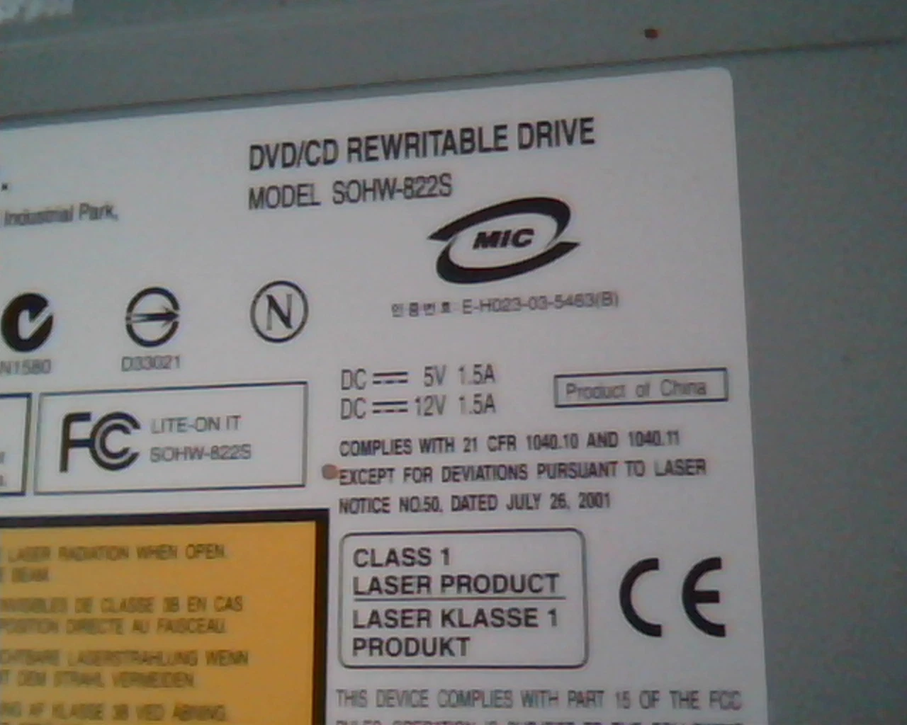 LITE-ON IT Corp DVD/CD Rewritable Drive SOHW-822S 5187-5977 VPPA July 2004 - image 3
