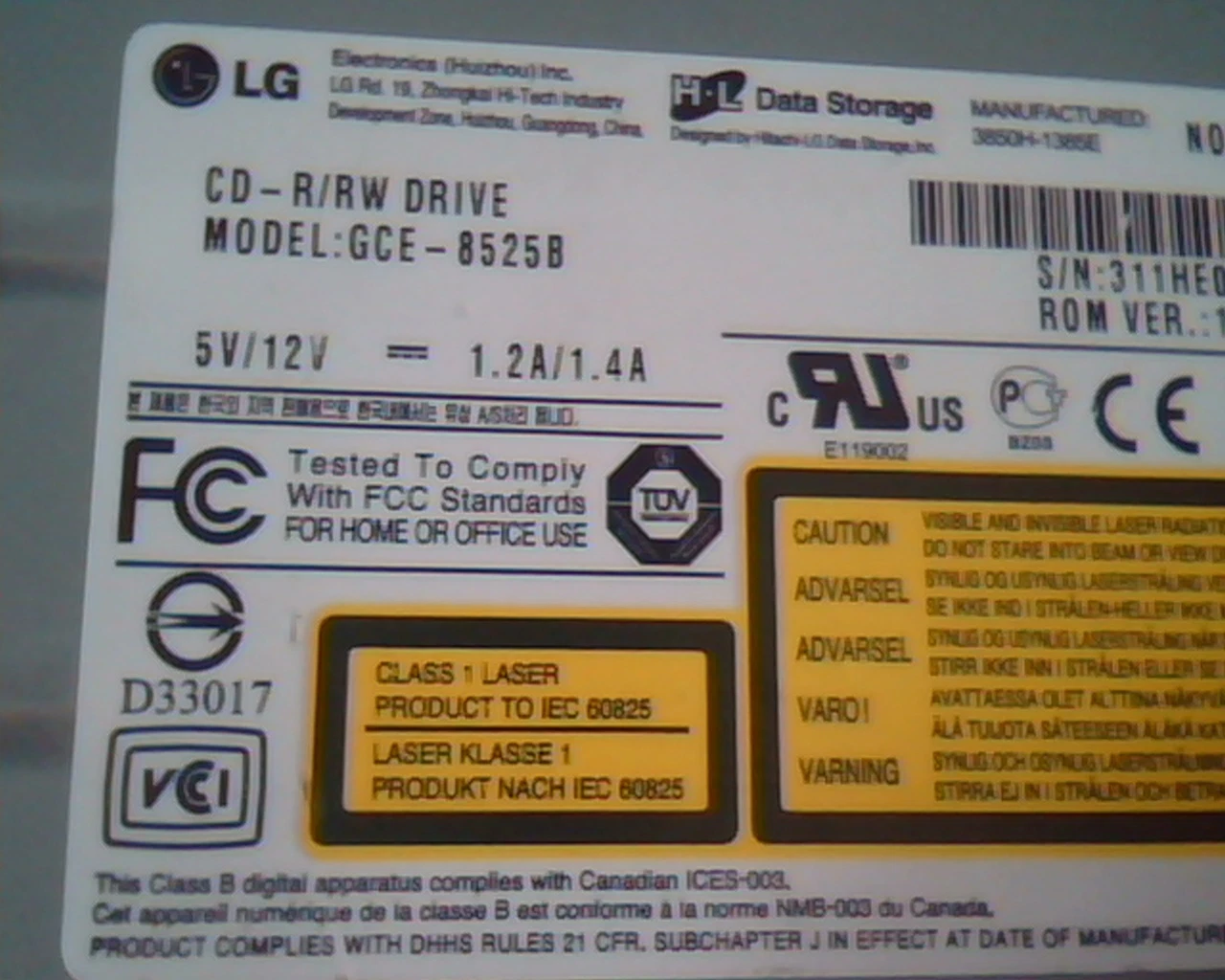 LG CD R/RW Drive Model GCE-8525B ROM Ver 1.01 November 2003 Rewritable 52x32x52x - image 3