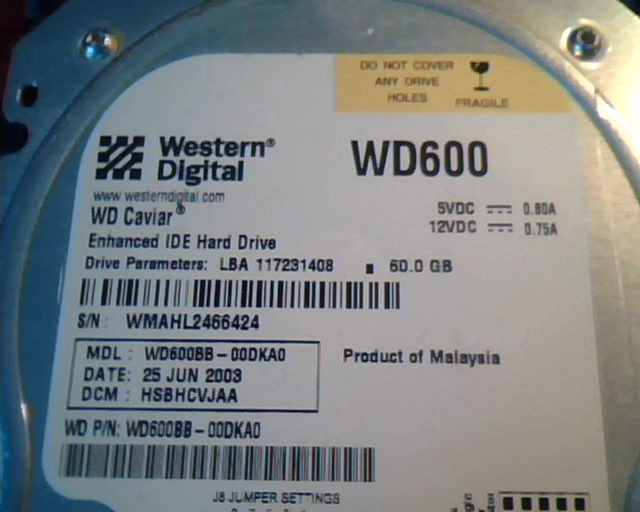 Hard Disk Drive IDE Western Digital WD600 Caviar WD60BB-00DKA0 HSBHCVJAA 60GB - image 2