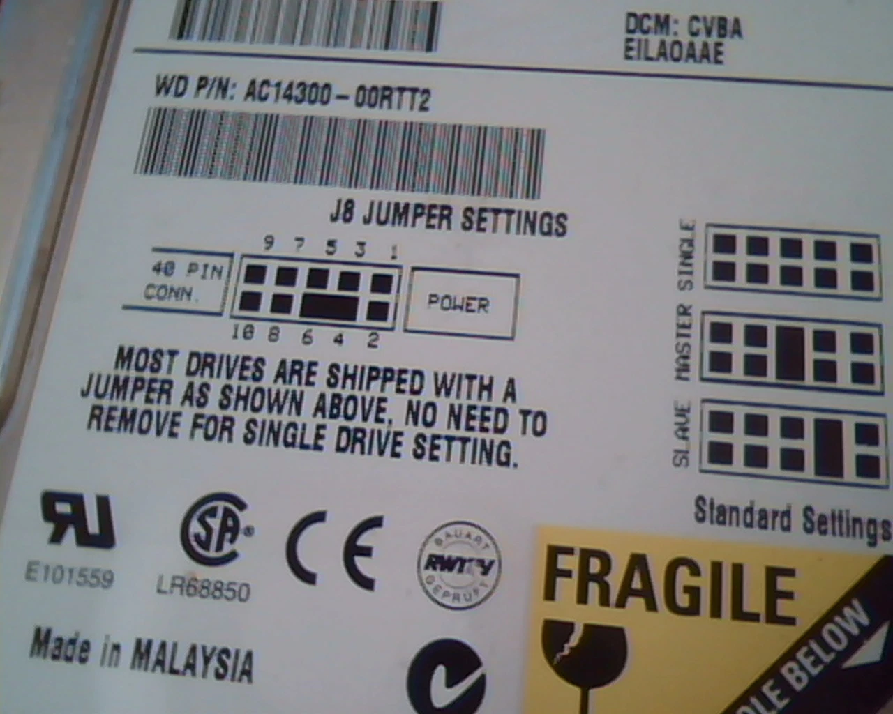Hard Disk Drive IDE Western Digital Caviar 14300 AC14300-00RTT2 CVBA EILAOAAE - image 3