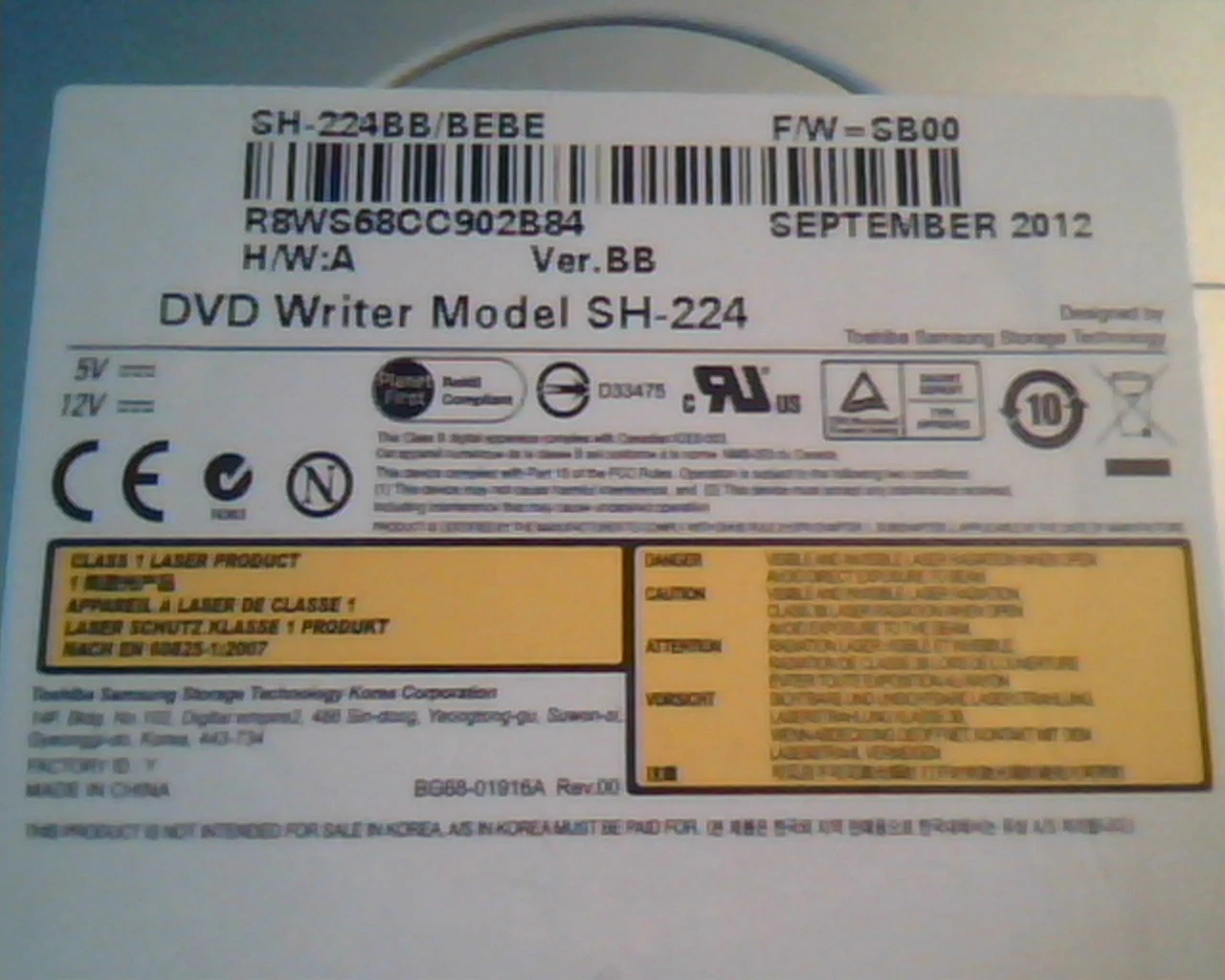 Toshiba DVD Writer Model SH-224 BB SH-224BB/BEBE September 2012 SATA - image 3