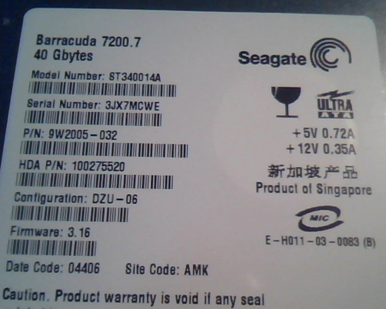 Hard Disk Drive IDE Seagate Barracuda 7200.7 ST340014A 9W2005-032 100275520 - image 2