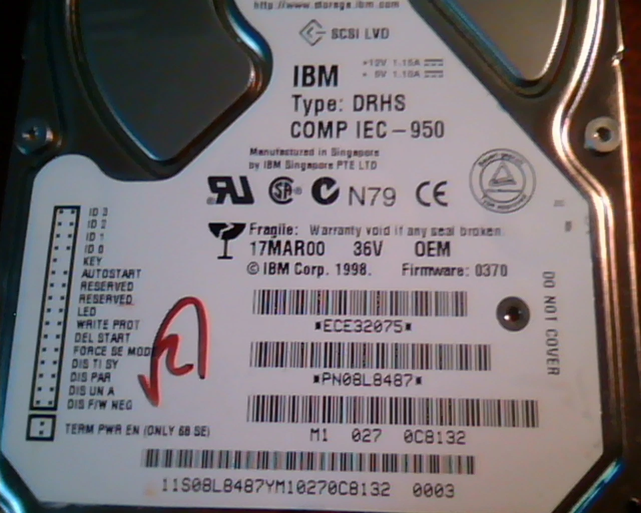 Hard Disk Drive SCSI IBM DRHS LVD IEC-950 ECE32075 PN08L8487 370 - image 2