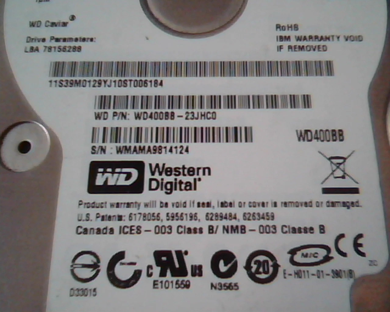 Hard Disk Drive IDE Western Digital WD400BB-23JHC0 DSBAYTJCA 39M0129 Caviar - image 3