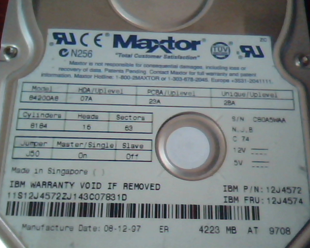 Hard Drive Disk IDE Maxtor 84200A8 07A 23A 2BA 12J4572 12J4574 4223 MB IBM - image 2