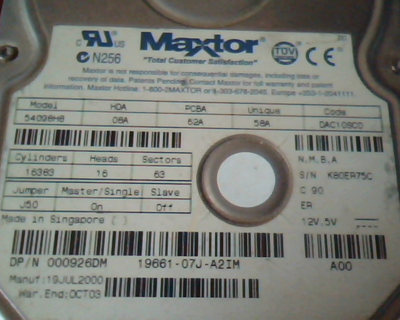 Hard Drive Disk IDE Maxtor 54098H8 08A 62A 58A 000926M DAC10SC0 19661-07J-A2IM - image 2