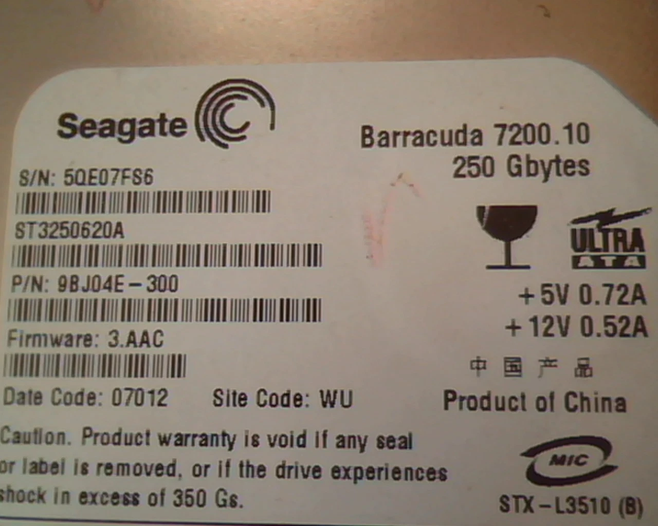 Hard Drive Disk IDE Seagate Barracuda 7200.10 ST3250620A 9BJ04E-300 250GB WU - image 2