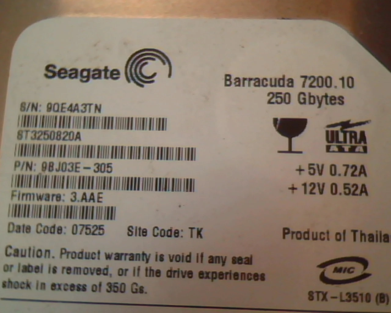 Hard Drive Disk IDE Seagate Barracuda 7200.10 250GB ST3250820A 9BJ03E-305 TK - image 2