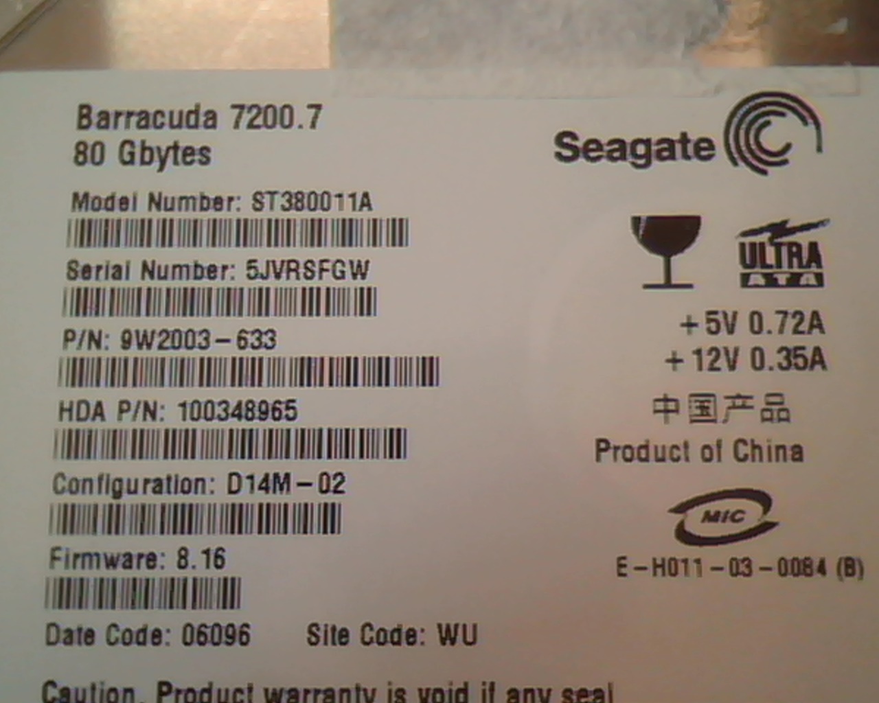 Hard Drive Disk IDE Seagate Barracuda 7200.7 ST380011A 9W2003-633 D14M-02 WU - image 2