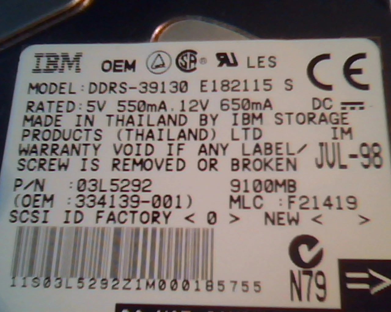 Hard Drive Disk SCSI IBM DDRS-39130 E182115 S F21419 03L5292 334139-001 - image 2