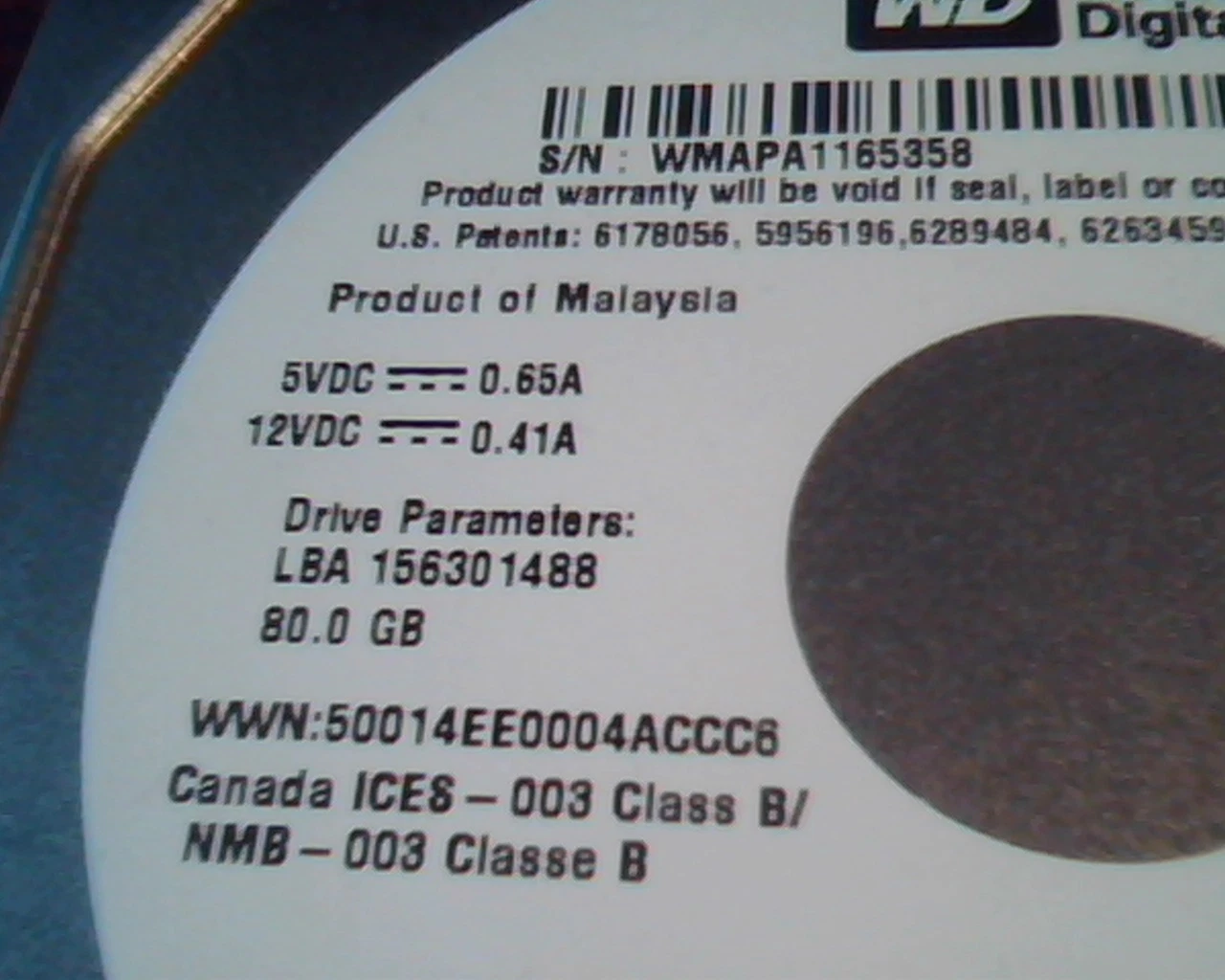 Hard Drive Disk SATA Western Digital WD800AAJS-00PSA0 HARCNTJAA 156301488 80GB - image 2