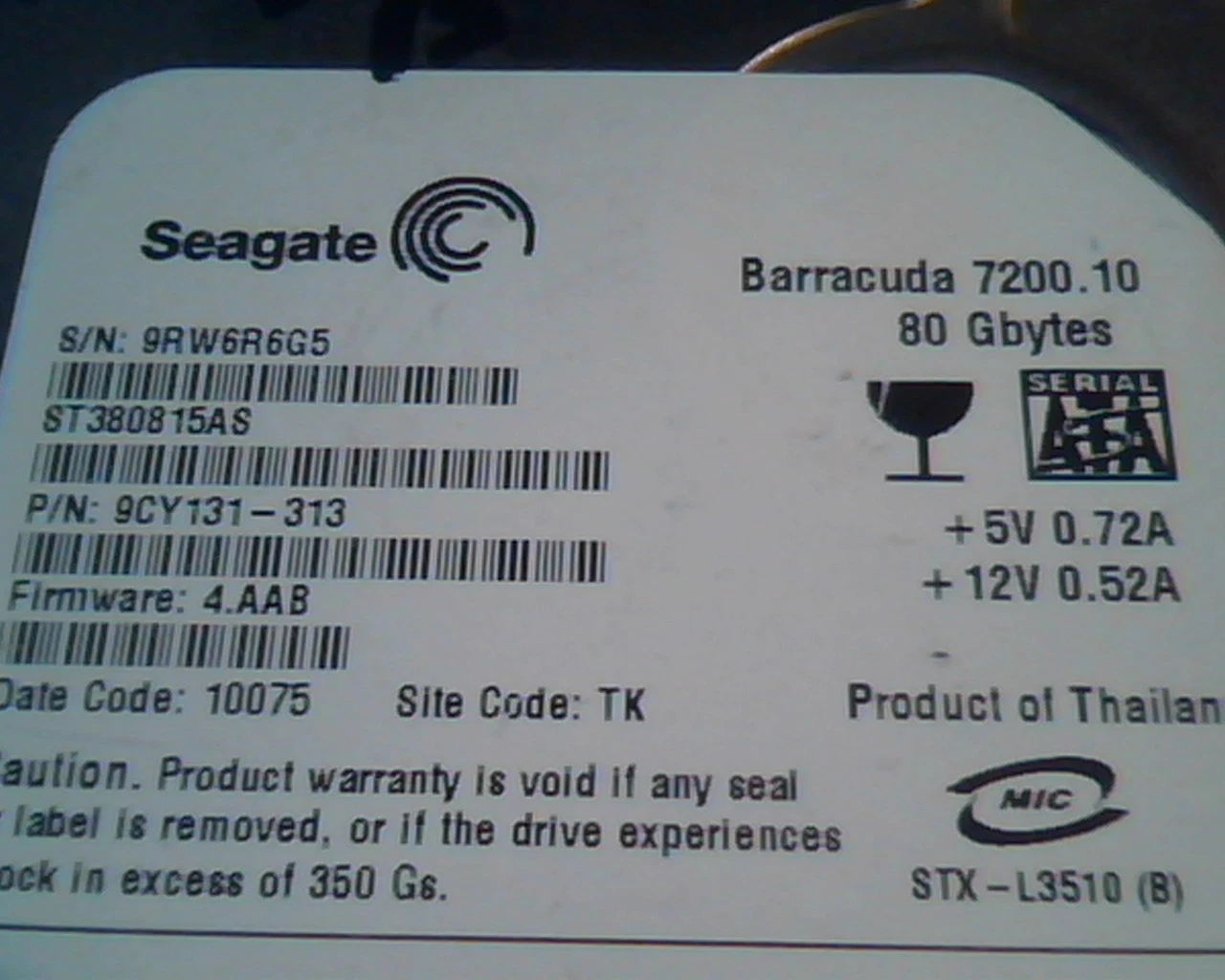 Hard Drive Disk SATA Seagate Barracuda 7200.10 ST380815AS 9CY131-313 80GB 10075 - image 2