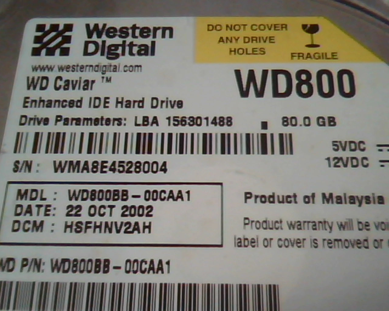 Hard Drive Disk IDE Western Digital Caviar 156301488 WD800BB-00CAA1 HSFHNV2AH - image 2