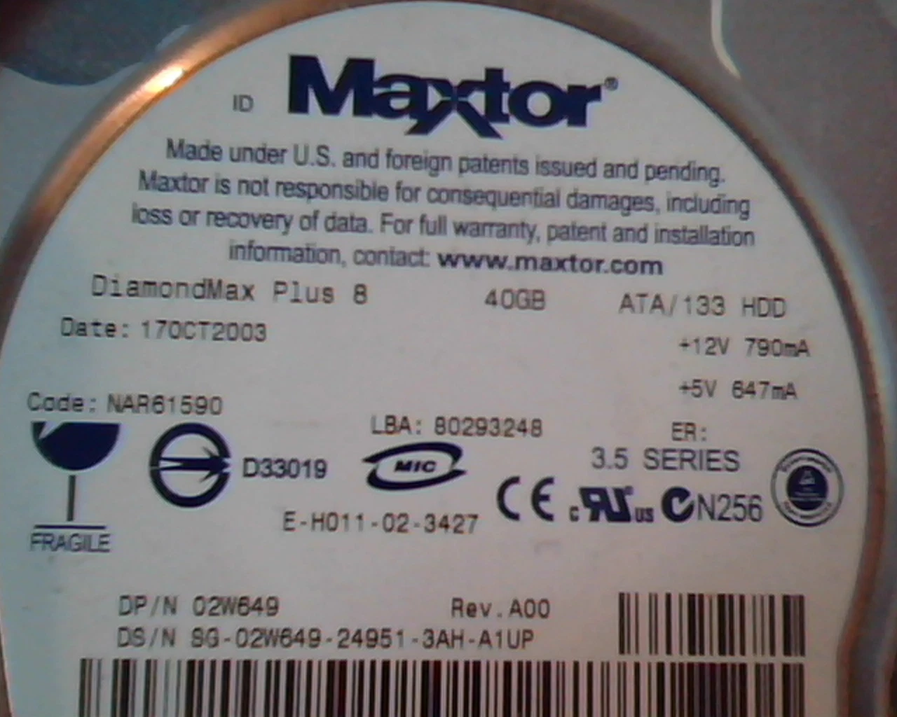 Hard Disk Drive IDE Maxtor DiamondMax Plus 8 02W649 80293248 40GB NAR61590