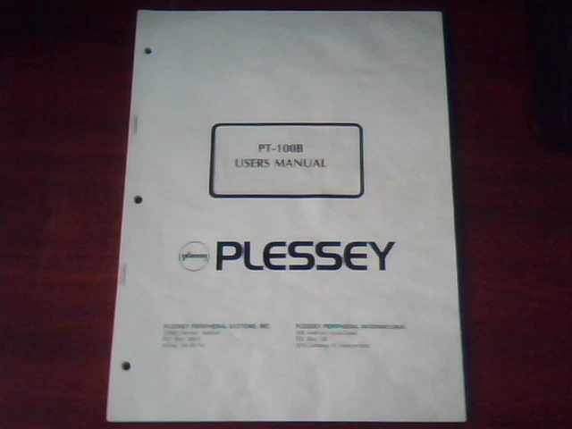 Plessey PT-100B Users Manual ASCII Terminal DEC VT100