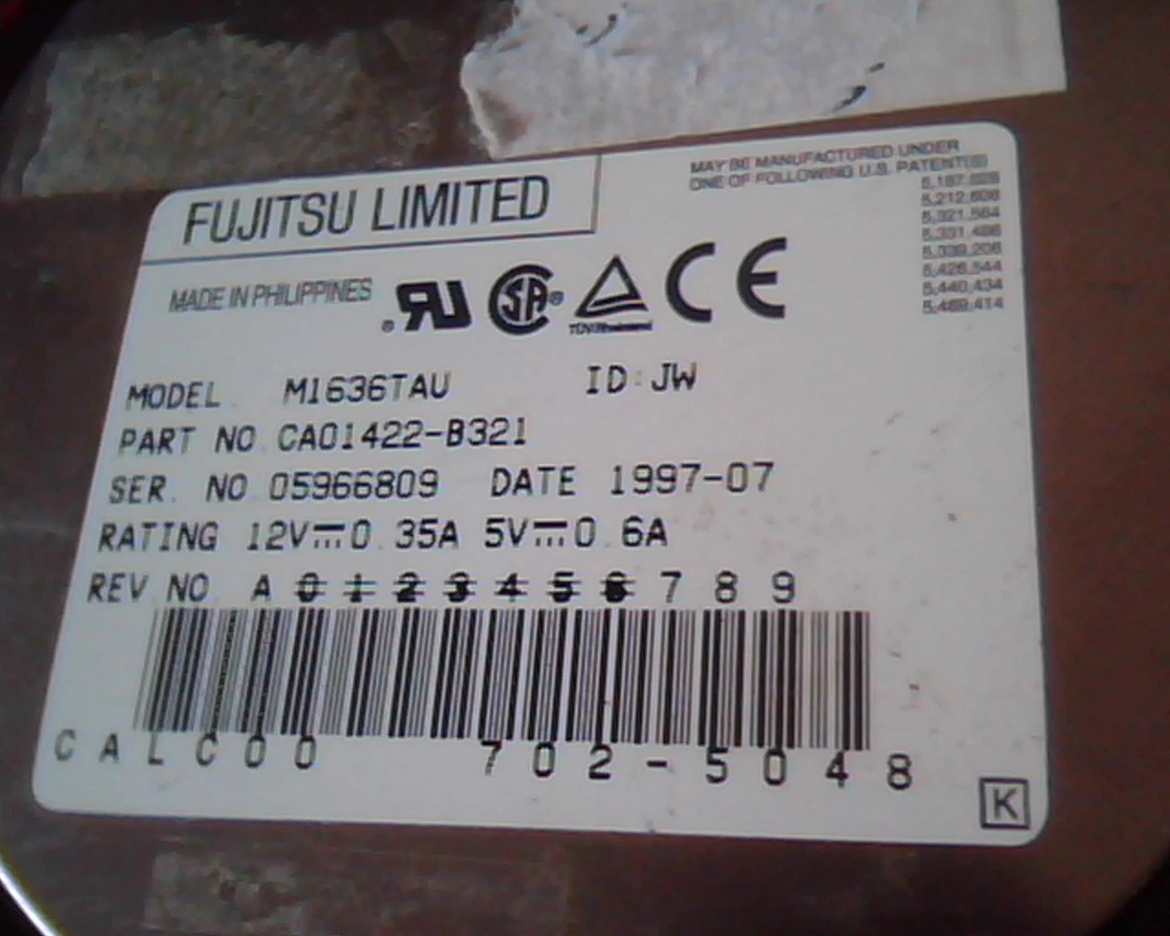 Hard Drive IDE Fujitsu Limited M1636TAU CAO1422-B321 JW 1997-07 702-5048 - image 2