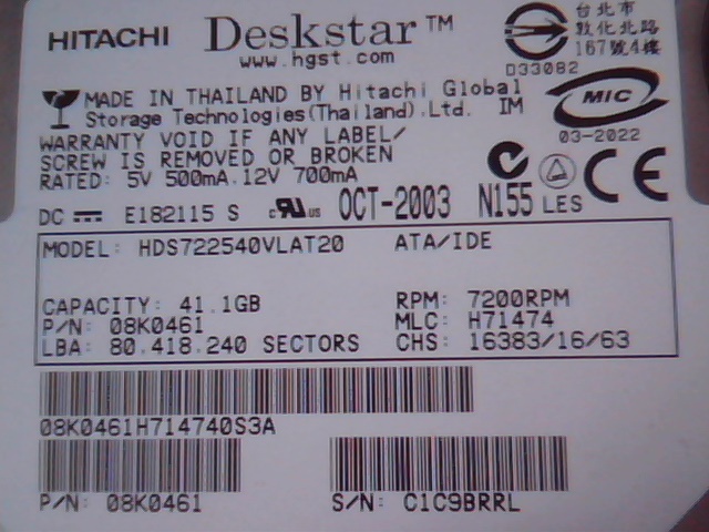 Hard Drive IDE Hitachi Deskstar HDS722540VLAT20 08K0461 H71474