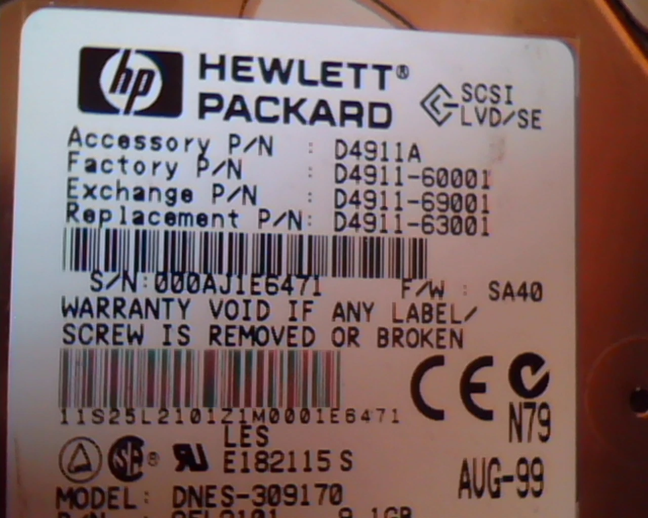 Hard Drive Disk Hewlett Packard HP D4911A D4911-60001 DNES-309170 25L2101 9.1GB